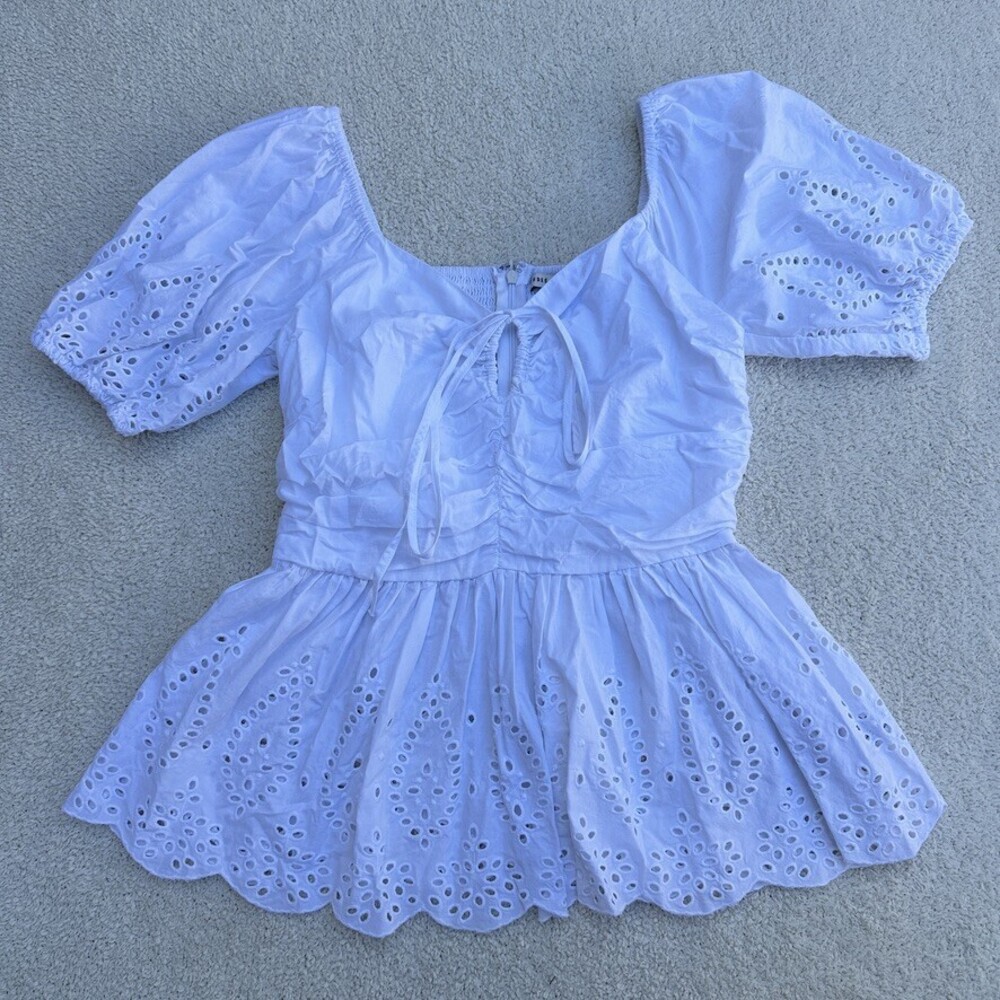 Free Assembly White Eyelet Puff Sleeve Peasant Top Cotton Smocked XS - Picture 3 of 7